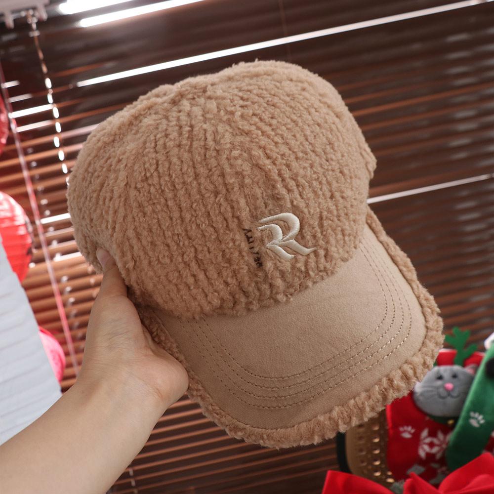 Double R Lamb Wool Hat Embroidered Plush Peaked Cap Fashion Winter Baseball Cap  Outdoor