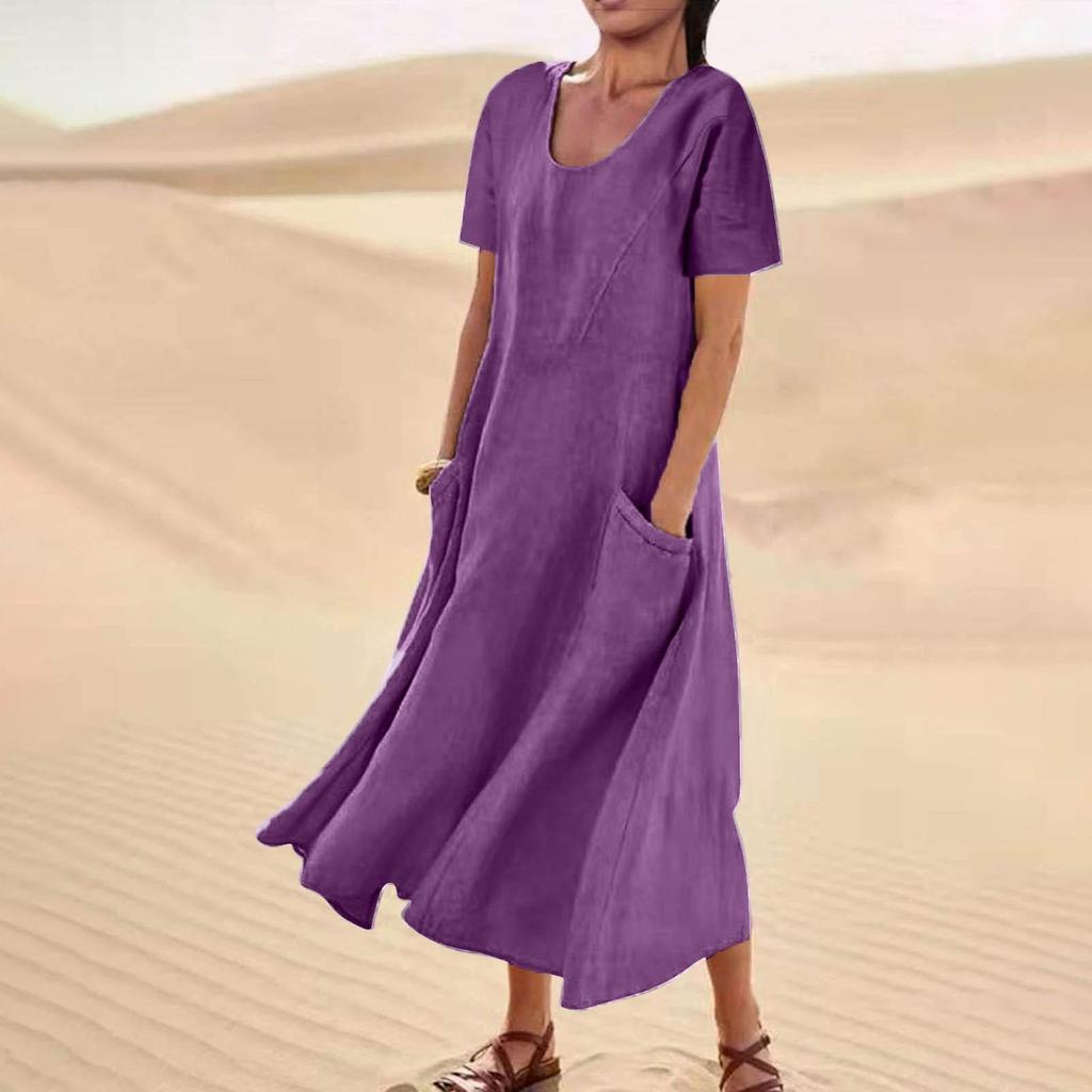Women's Solid Color Round Neck Short Sleeve Loose Hem Dress