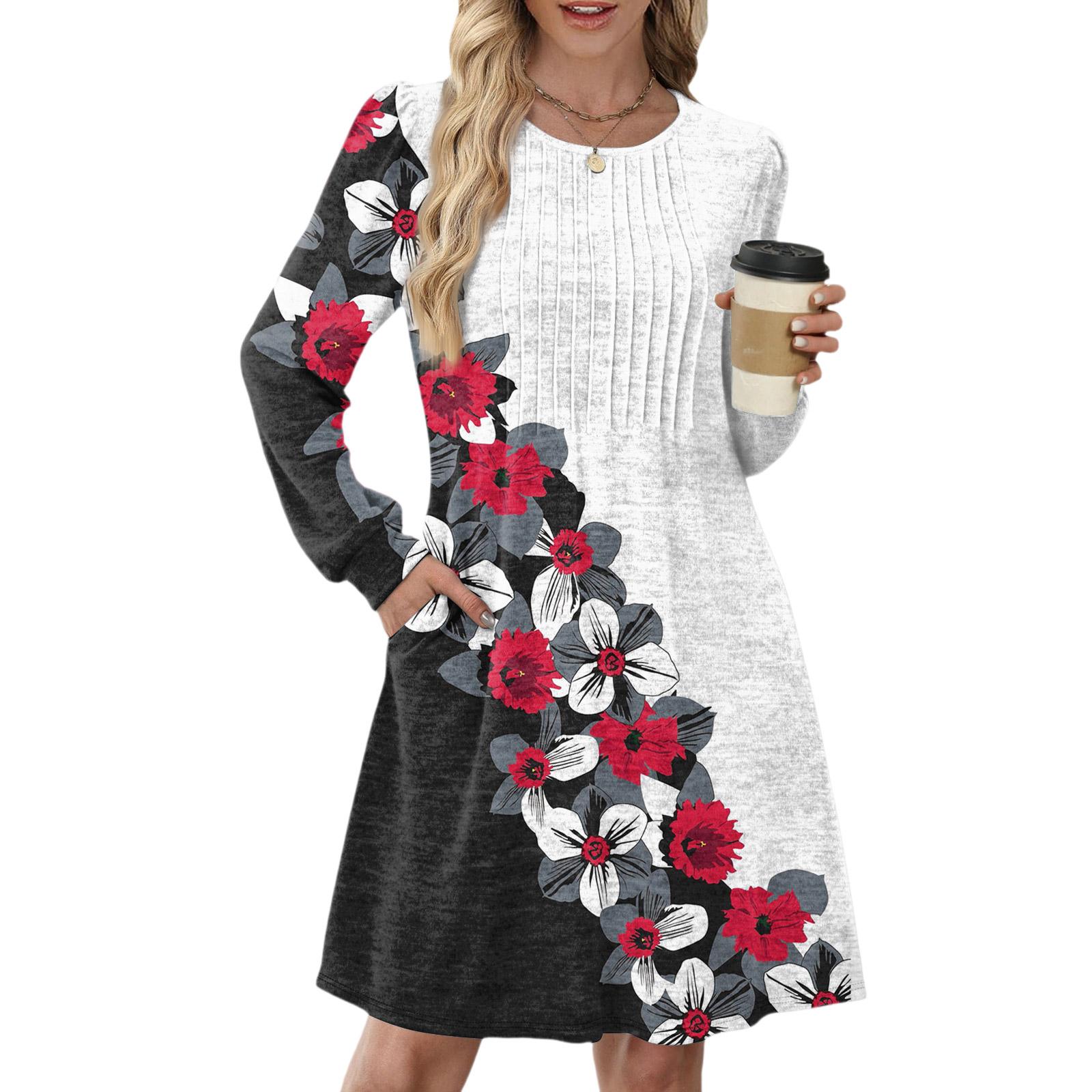 

Женское повседневное платье с длинным рукавом, плиссировкой, круглым вырезом, винтажным цветочным принтом и карманами XXL