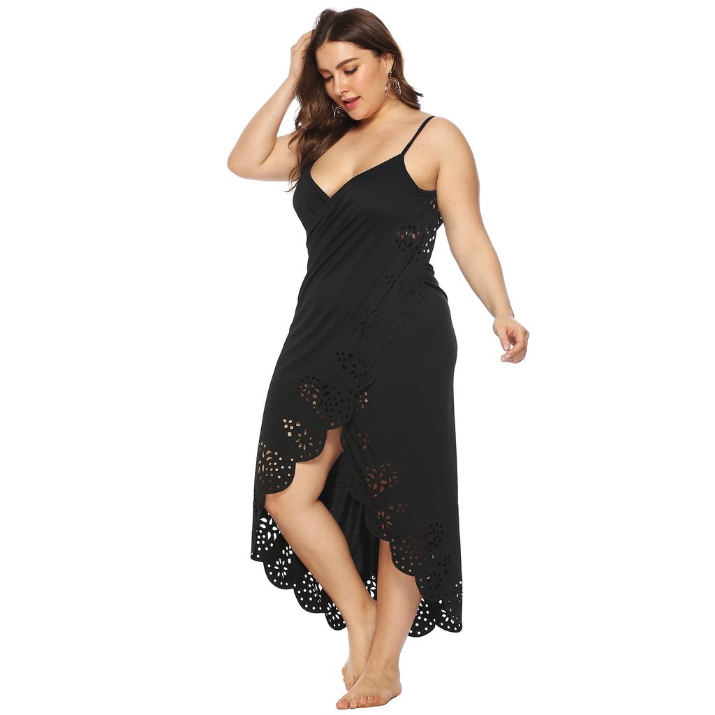 XL-4XL Large Women's Embossed Cut-out Beach Blouse Irregular Dress