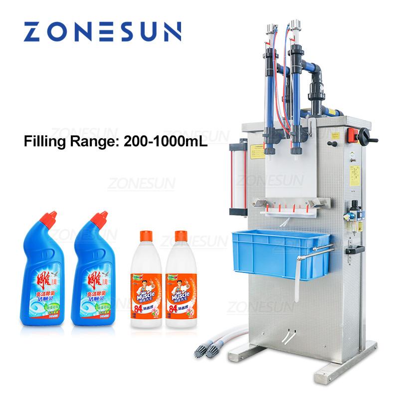 ZONESUN Liquid Filling Machine Full Pneumatic Semi-auto Double Heads Corrosive Bottle Filler for Toilet Cleaner Disinfectant