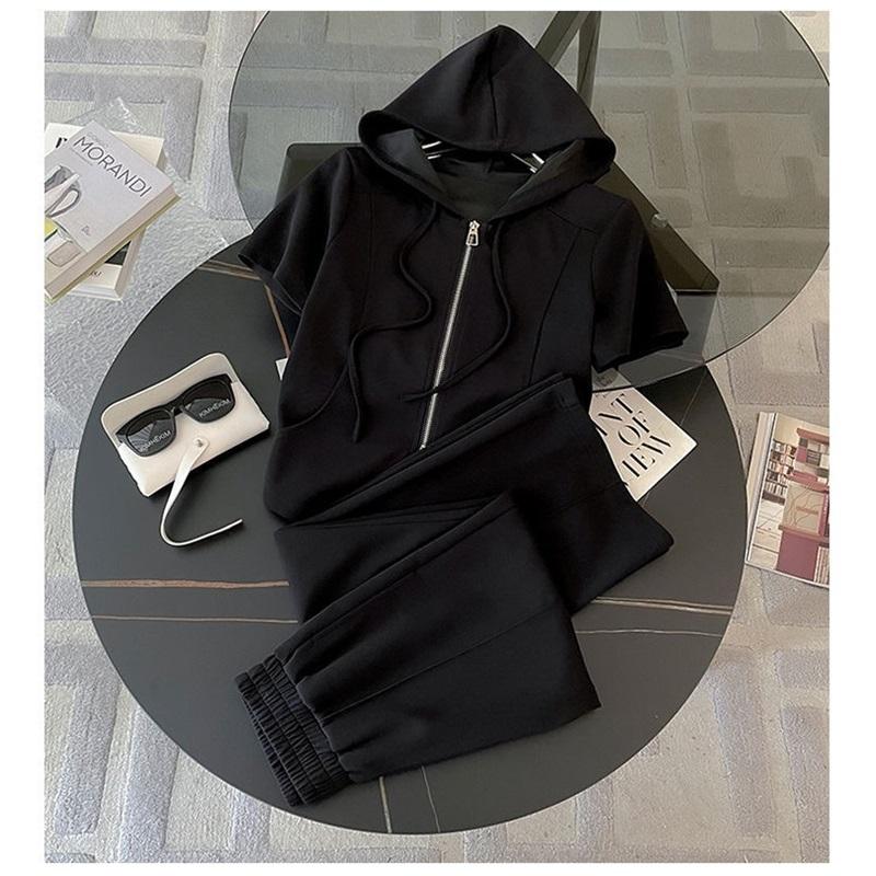 Damski 2-częściowy Casualowy Zestaw Sportowy Bluza z Kapturem na Zamek Elastyczne Spodnie Szerokie Nogawki Jednolity Kolor Casualowy Zestaw Sportowy