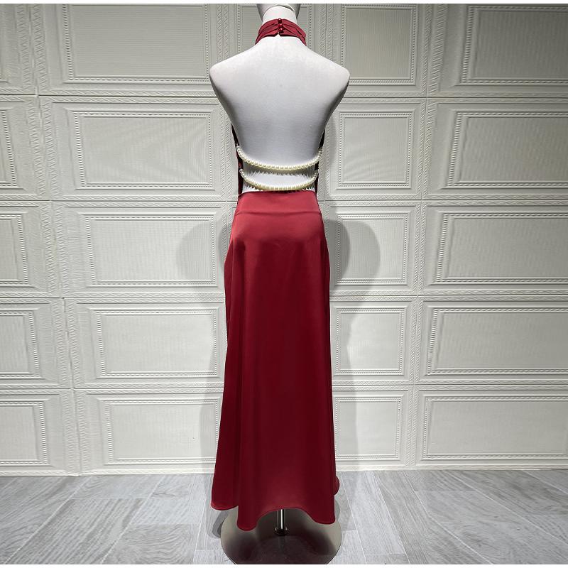Women's Satin Sexy V-neck Temperament Halter Dress Summer New Slim Long Skirt Halter
