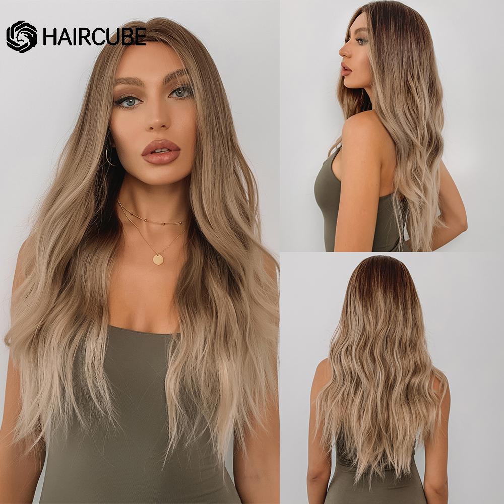 HAIRCUBE White Platinum Mixed Brown Synthetic Wigs Long Wavy Natural Hair Wigs for Women Middle Part Daily Heat Resistant Wigs