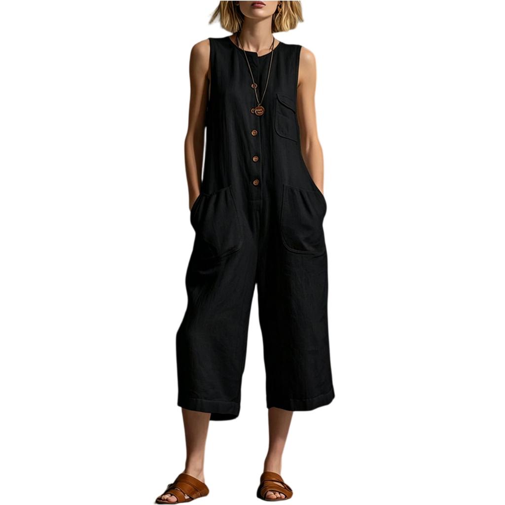 Women's Fashionable Color Button Sleeveless Pocket Casual Retro Wide Leg Seven Part Jumpsuit