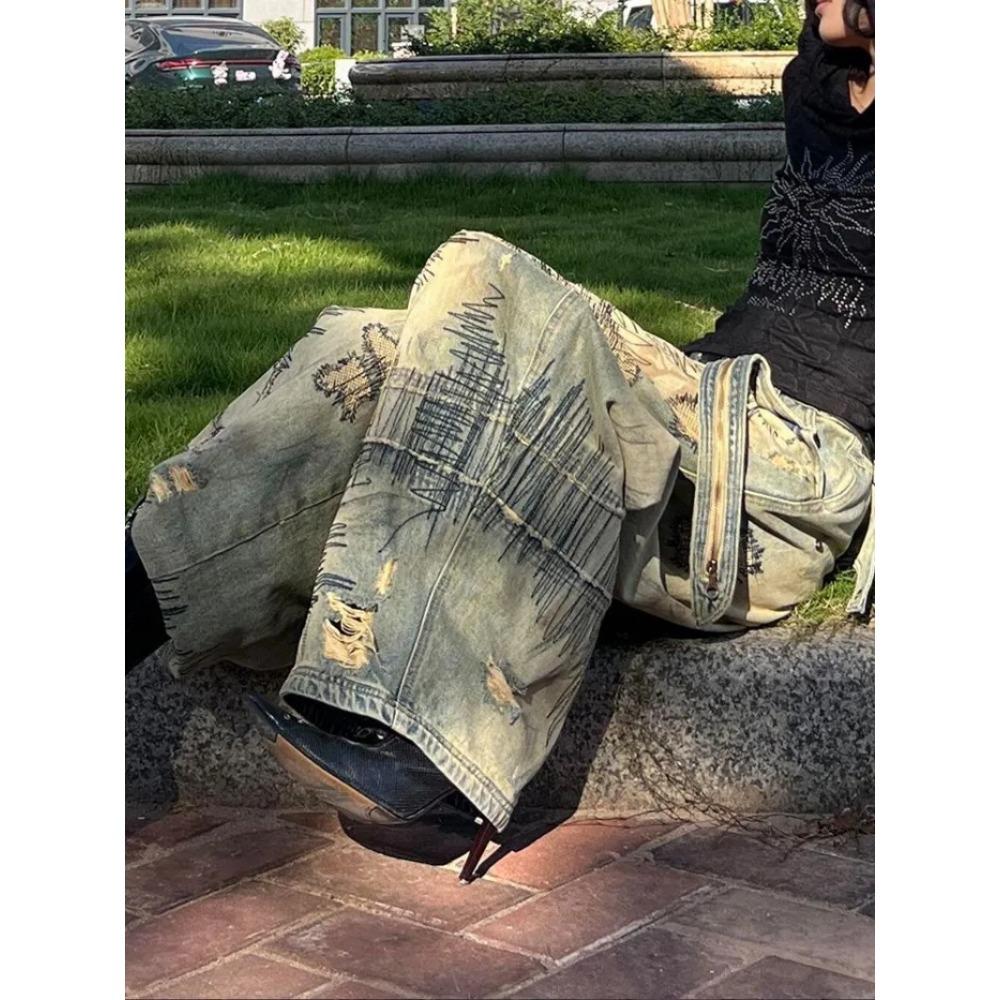 ZYLLO American Y2K Patch Needle Embroidery Heavy Industry Wide Leg Jeans Retro Dirty Dye Wash Loose Fashion Casual High-waist Jeans