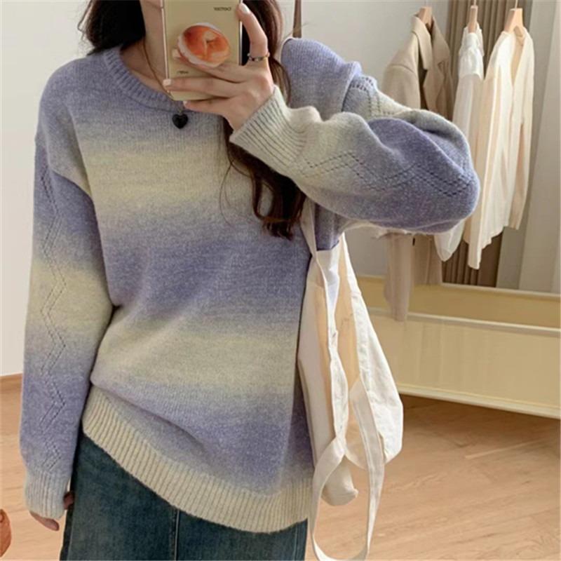 Gradual change color sweater women's autumn and winter new sweet loose lazy style advanced color matching knitted sweater
