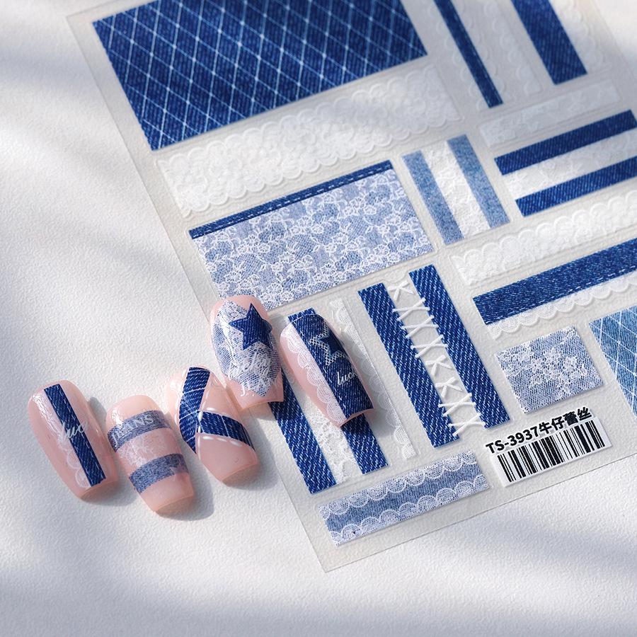 

TENSOR TS-3937 Frosted Nail Stickers, Thin Blade Strip Pattern, Denim Lace Design, Self-Adhesive.
