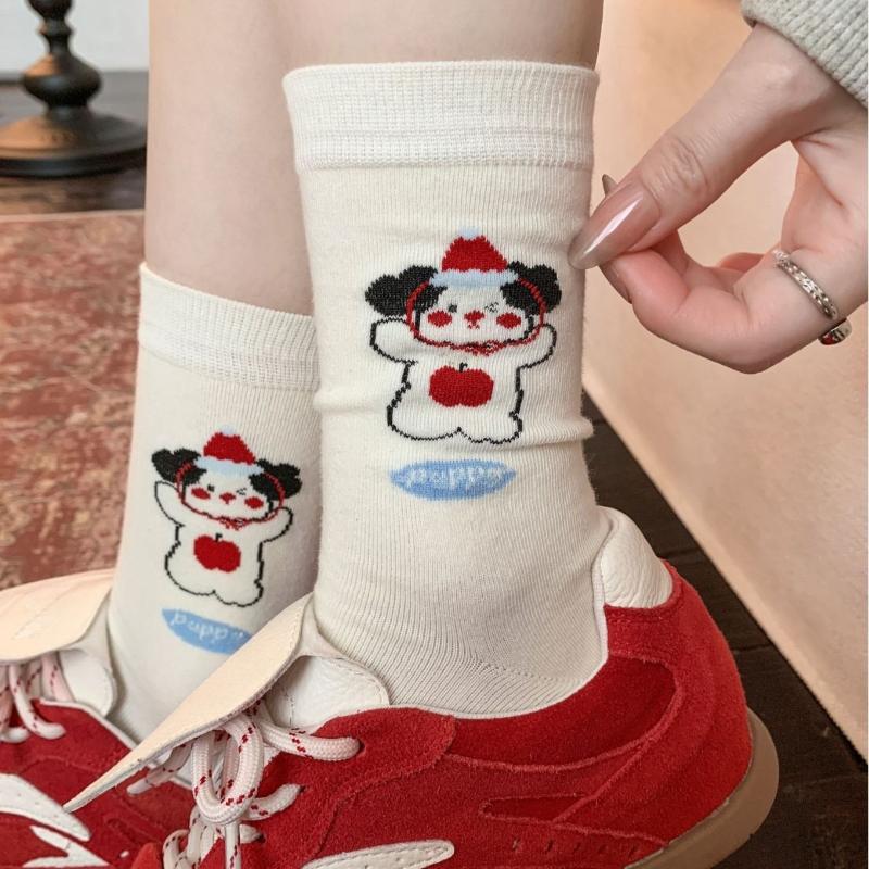 Cute Cartoon Dog, Funny Socks, Women's Mid-calf Socks, Pure Cotton Striped Polka Dot Pile Socks, Long Socks