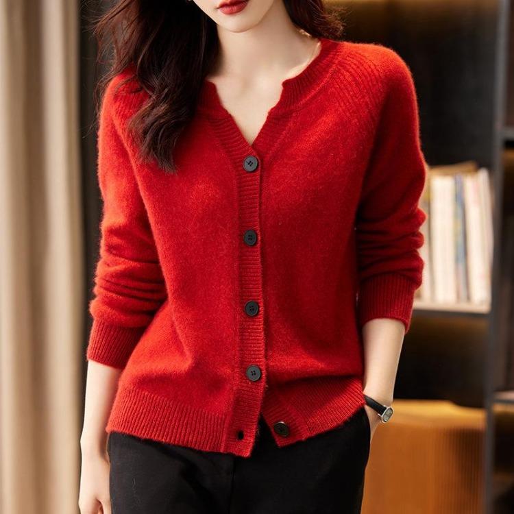 Loose Knit Cardigan for Women Versatile Long Sleeve Solid Color V Neck Jacket Autumn Winter
