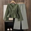 Girls' Fashion Set Spring/Summer Children's Elegant V-Neck Bell-Sleeve Waist-Defining Shirt Casual Striped Trousers Set