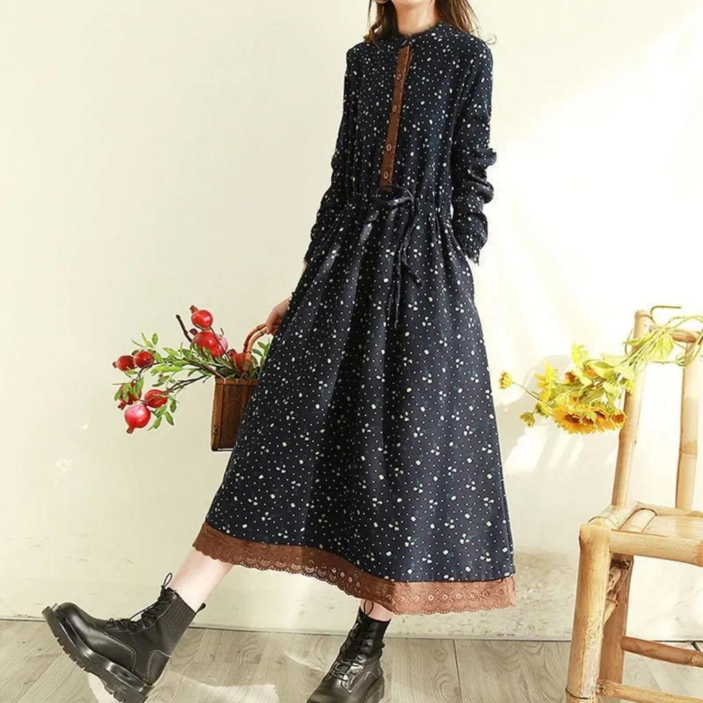 LYRIA Abito Lungo Floreale Primavera Autunno con Bordi in Pizzo Vestibilità Larga Stile Foresta Vintage Abito Casual da Donna Manica Lunga Girocollo