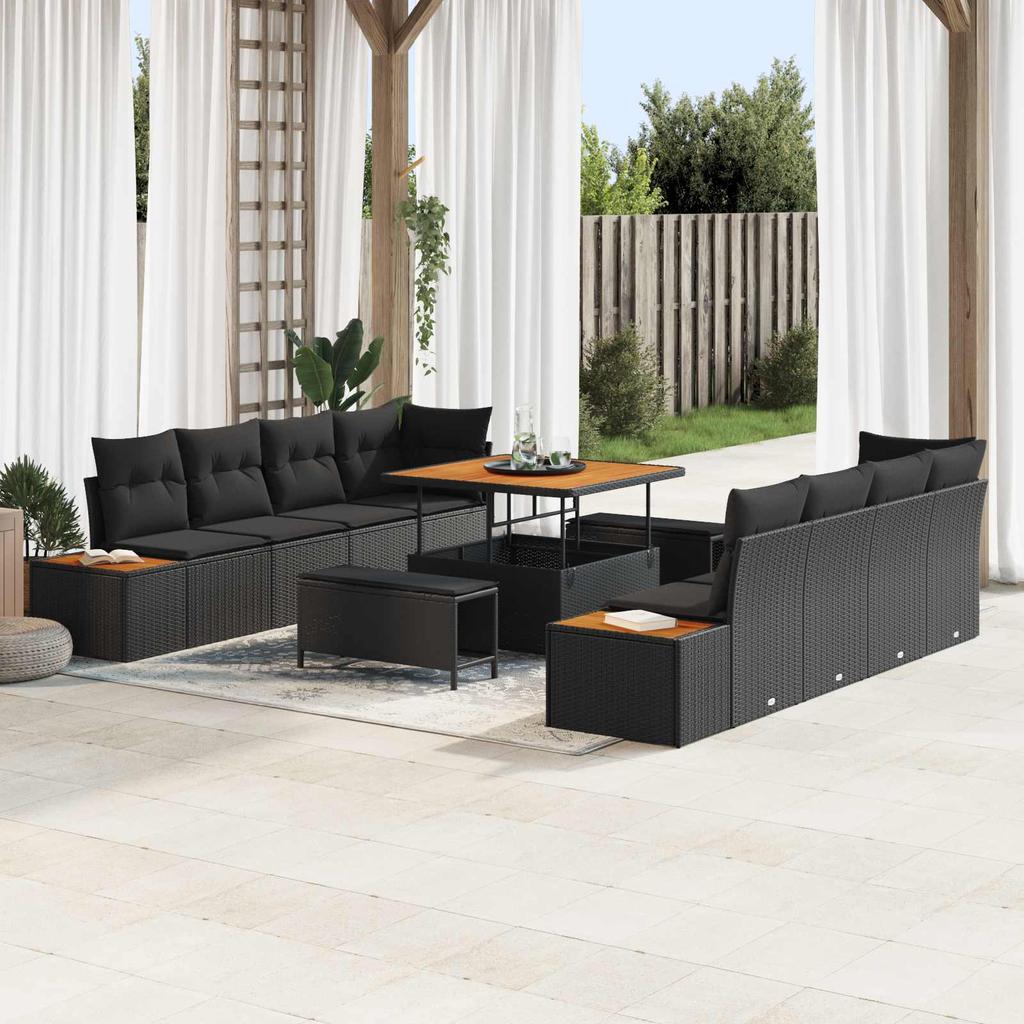 11 Piece Garden Sofa Set with Cushions Black Poly Rattan
