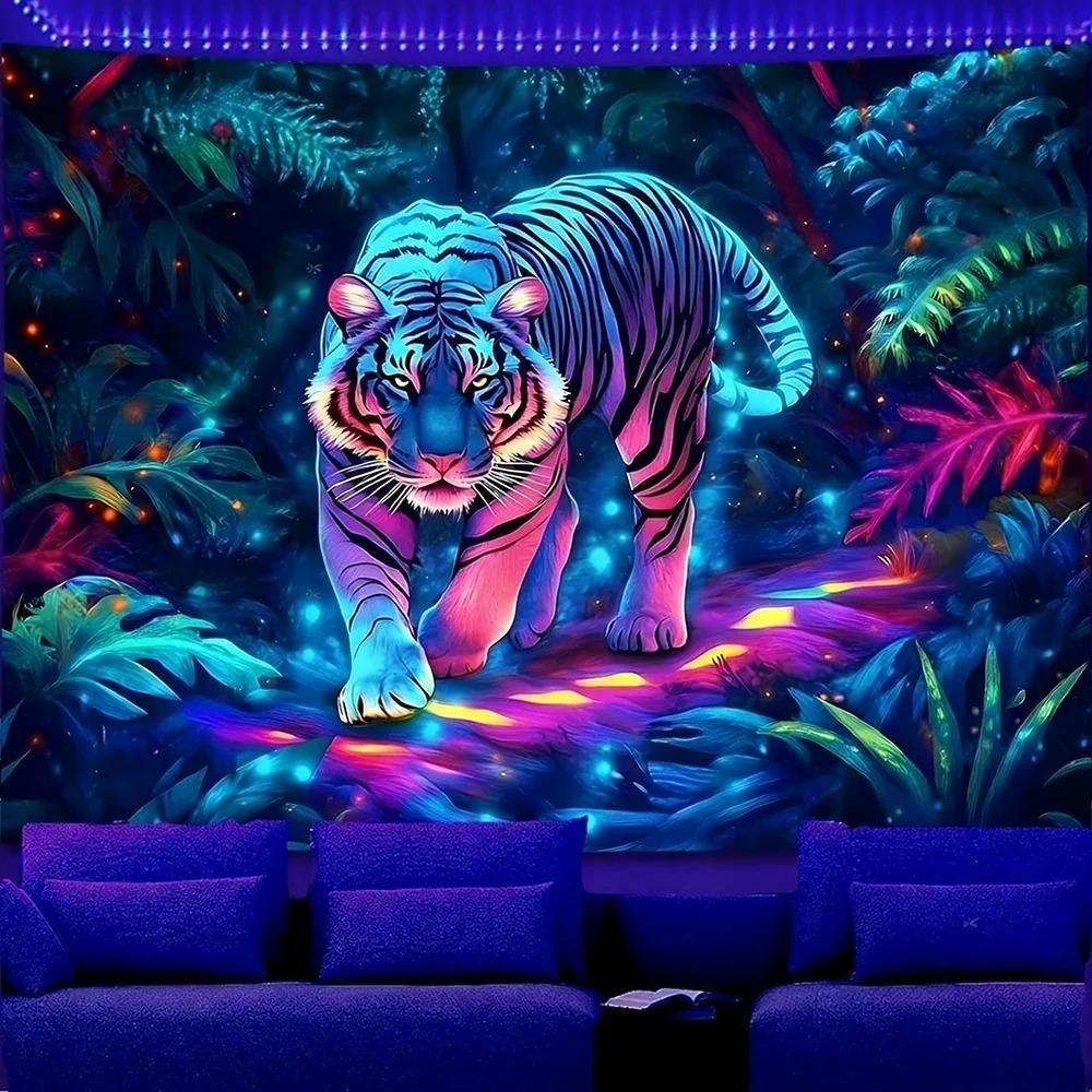 Neon Tiger Tapestry Fluorescent Jungle Wall Hanging Psychedelic Glow Art for Bedroom Game Room Dorm Decor