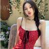 Lace-up Floral Suspender Dress Women's Summer Small Sweet Hottie Red Skirt Waist Thin a Word Short Skirt