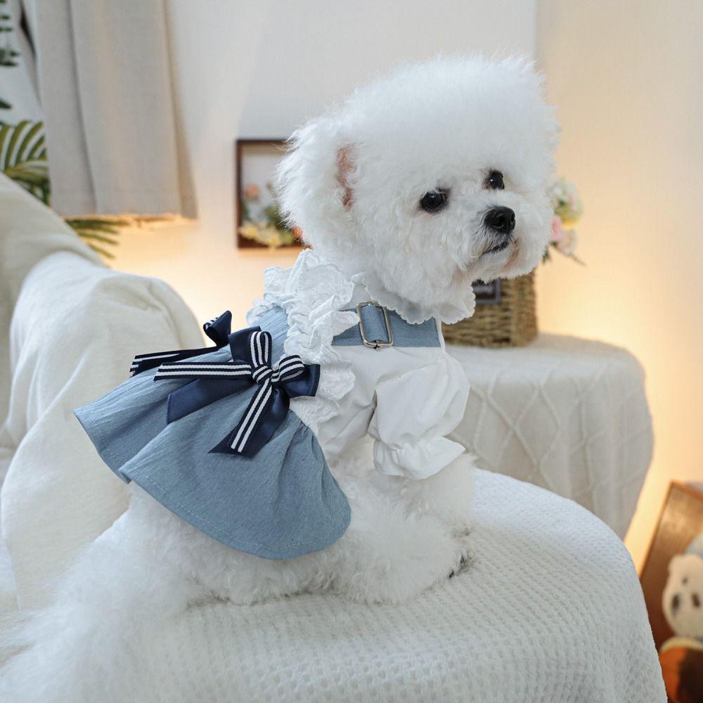 Reusable Pet Denim Dress With Bow Pet Skirt Soft Dog Denim Skirt Outing