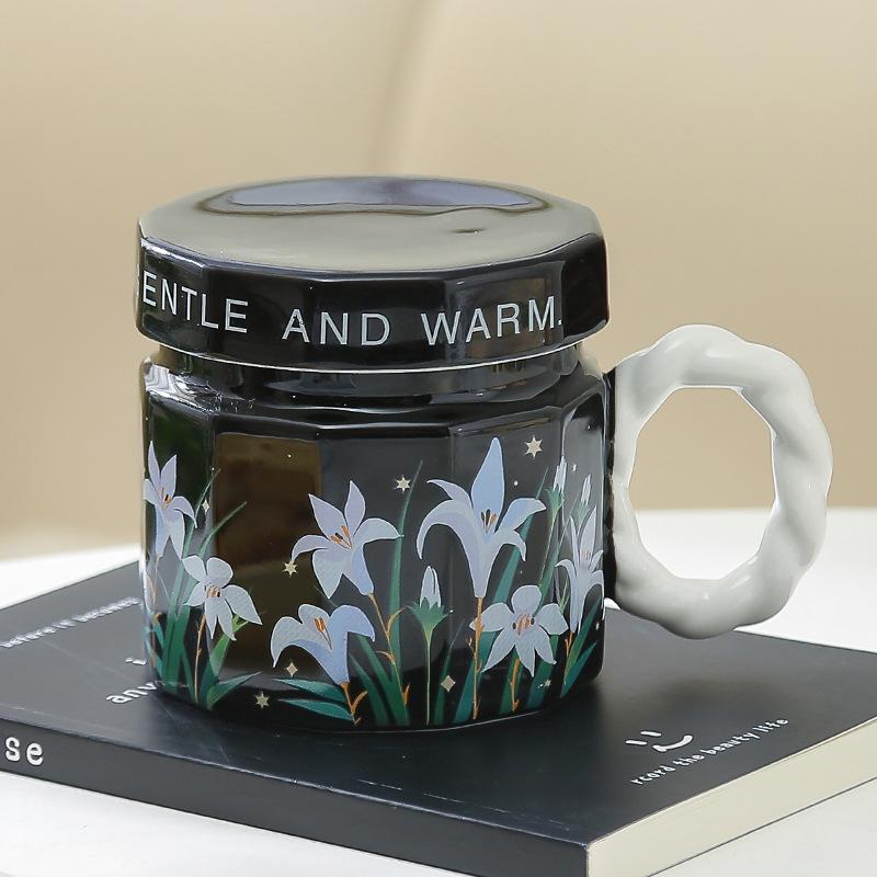 Flower Ceramic Mug with Lid High Value Water Cup Home Coffee Cup Office Birthday Gift Female Souvenir