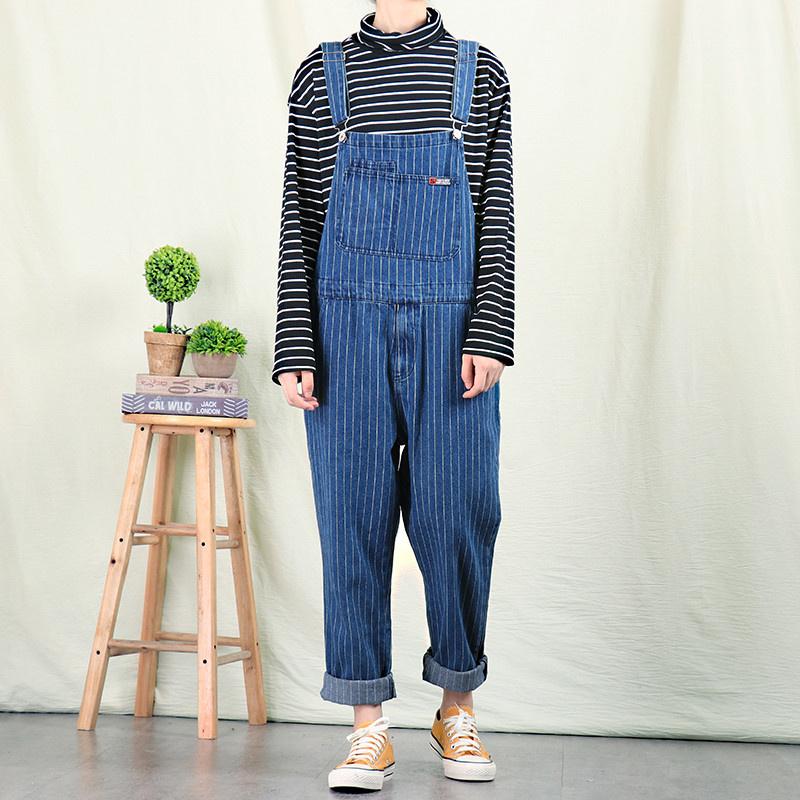 

Мужские джинсовые комбинезоны, японские джинсы в полоску в стиле ретро, ​​мужские прямые свободные комбинезоны, подтяжки, корейская версия комбинезона L синий