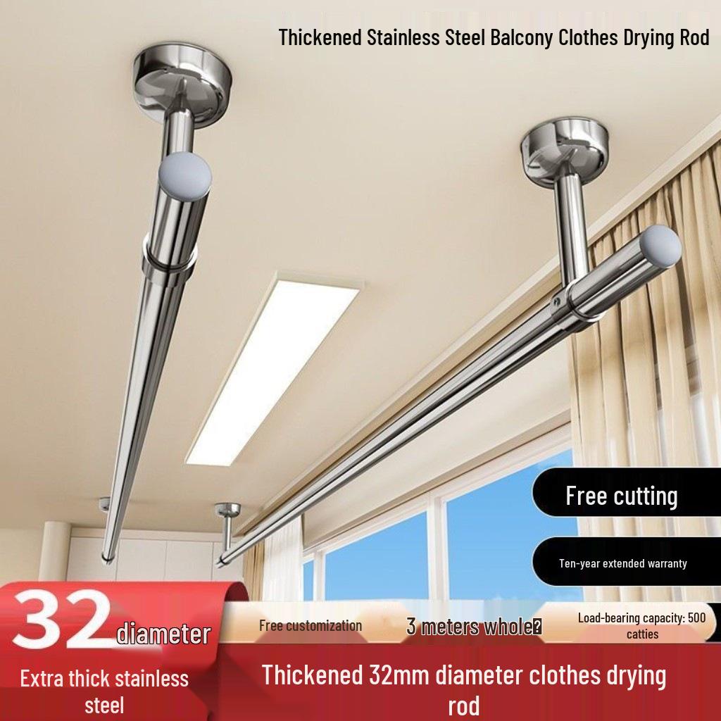 32mm 304 Stainless Steel Clothes Drying Rod for Balcony and Indoor/Outdoor Use