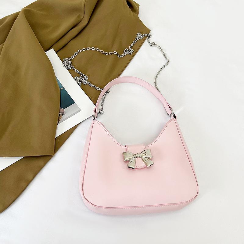 Sweet Solid Color Bow Handbag Women's 2025 New Trendy Fashion Niche Underarm Bag Chain Messenger Bag