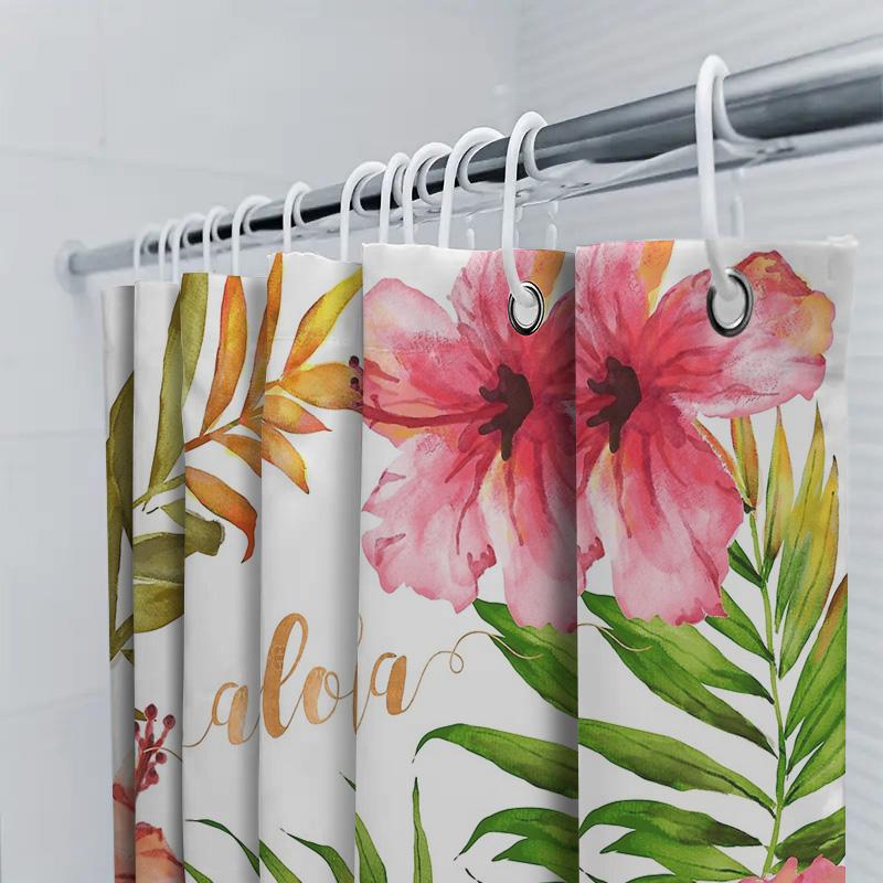 Hawaiian Shower Curtain Tropical Flowers Hibiscus Palm Leaves Beach Themed Decor Waterproof Bathroom Curtains Ocean Vibes Coasta