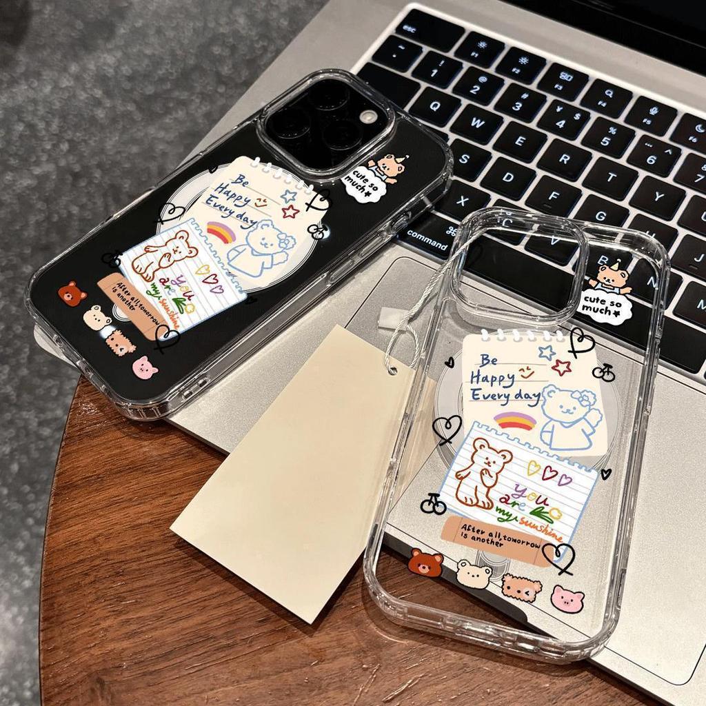 Przezroczyste etui magnetyczne z motywem misia i etykietą dla Apple iPhone 15 Pro Max i 16 Pro, kompatybilne z przyciskiem AI