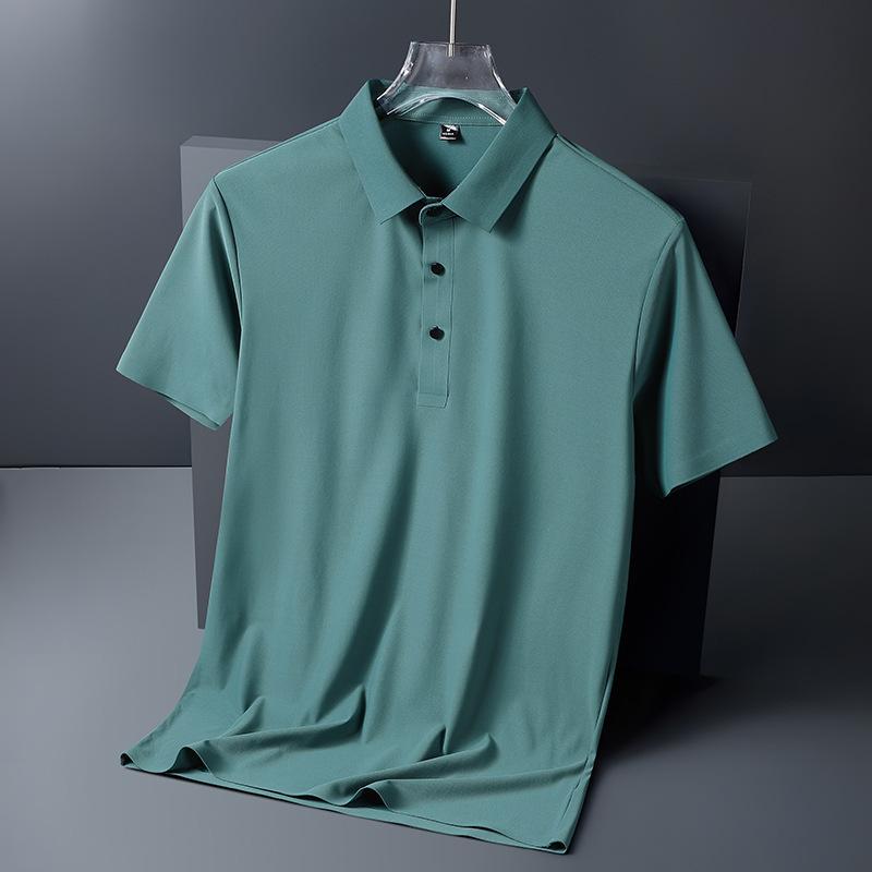 Camisa Polo de Seda Helada para Hombre de Negocios Casual de Verano Sin Costuras Alta Elasticidad Sin Planchado Fina de Manga Corta con Cuello Camisero Manga Corta