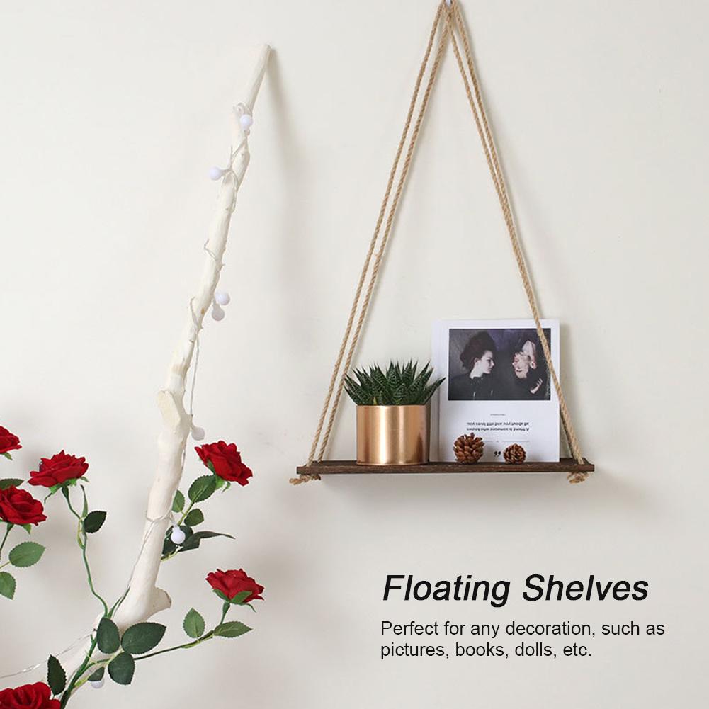2pcs Wooden Wall Storage Rack Sling Rope Hanging Plant Flower Pot Shelves Home Decorations