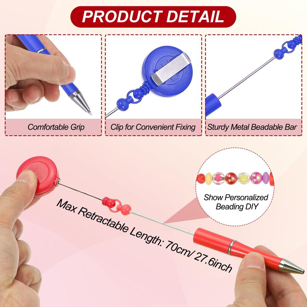 PATIKIL 10pcs Bead Pens Retractable Badge Reel Bead Pens Bulk Beads Ballpoint Pens Black Ink DIY for Making Worker Waitress Writing Instrument Blue