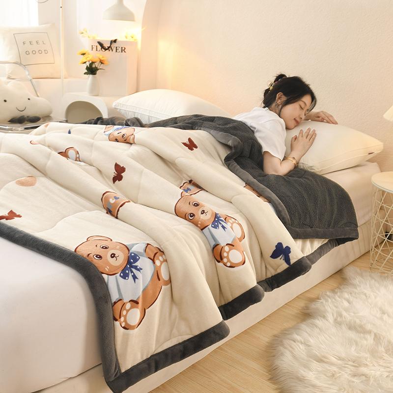 Thick Warm Milk Velvet Winter Blanket for Bed Large Faux Lambswool Weighted Blanket Cartoon Double Sided Plush Quilted Comforter