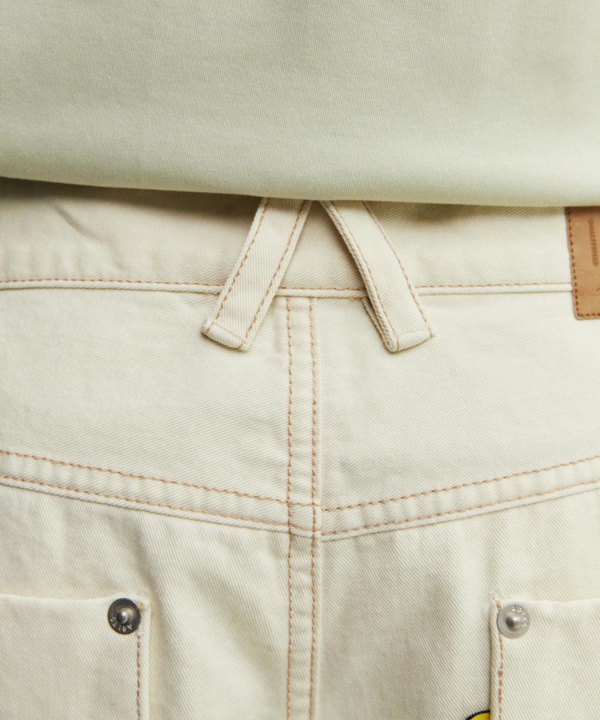 Peulomaleul Utility Pocket Vintage 3/4 Length Washed Denim Pants / Ivory