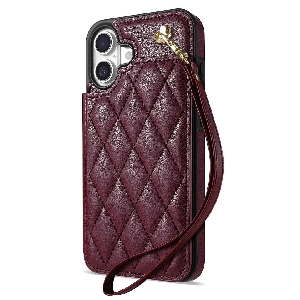 Plush Plaid Card Holder Phone Case for Apple 16 with Lanyard - Full Coverage, Luxury Style
