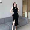 Abito Midi Cheongsam Senza Maniche con Volant, Spacco e Bordo in Pizzo 2025