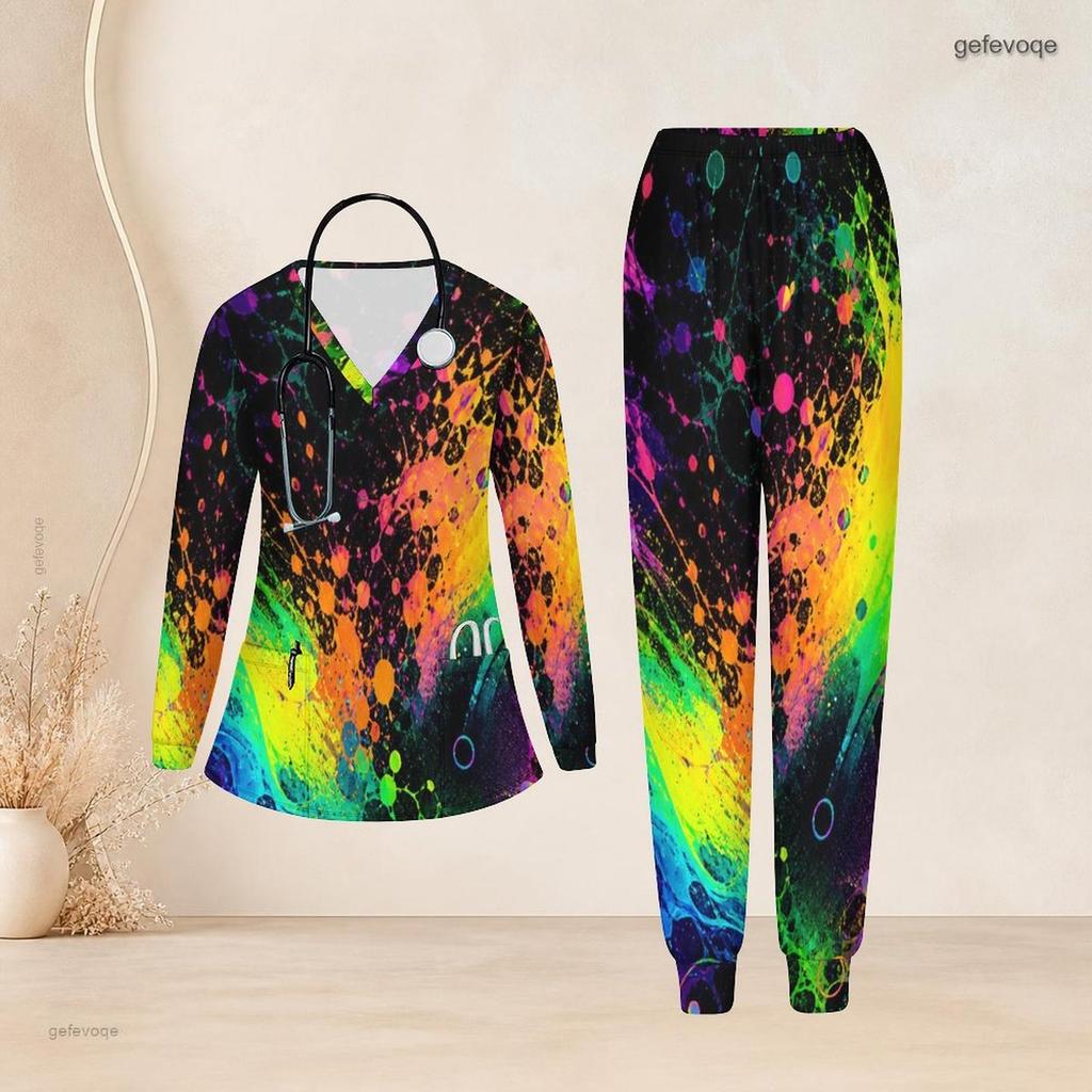 Women Plus Size Nurse Scrub Set V Neck Long Sleeve Colorful Splash Print Two Piece Outfit With Pockets