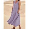 Summer Women Loose Long Sleeveless Round Neck Plain Pocket Dress Cotton Linen