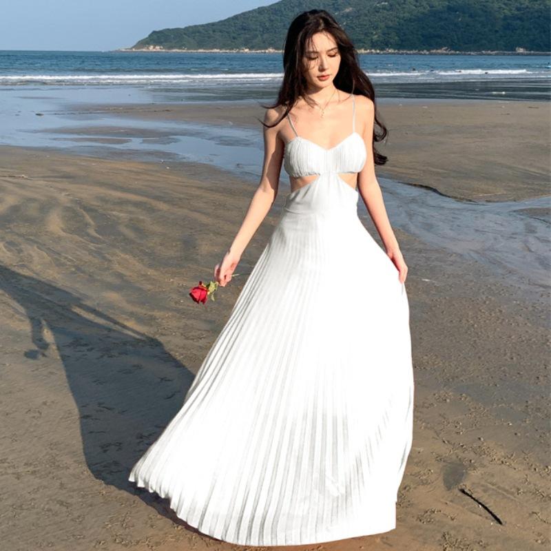 

Beach skirt design sense hollow waist dress women s summer seaside vacation backless suspender dress L білий