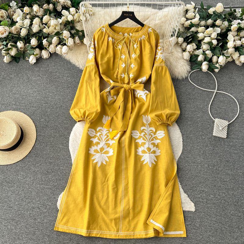 

Retro Lace-up Waist-Controlled Niche Style Chic Floral Dress Yellow One size