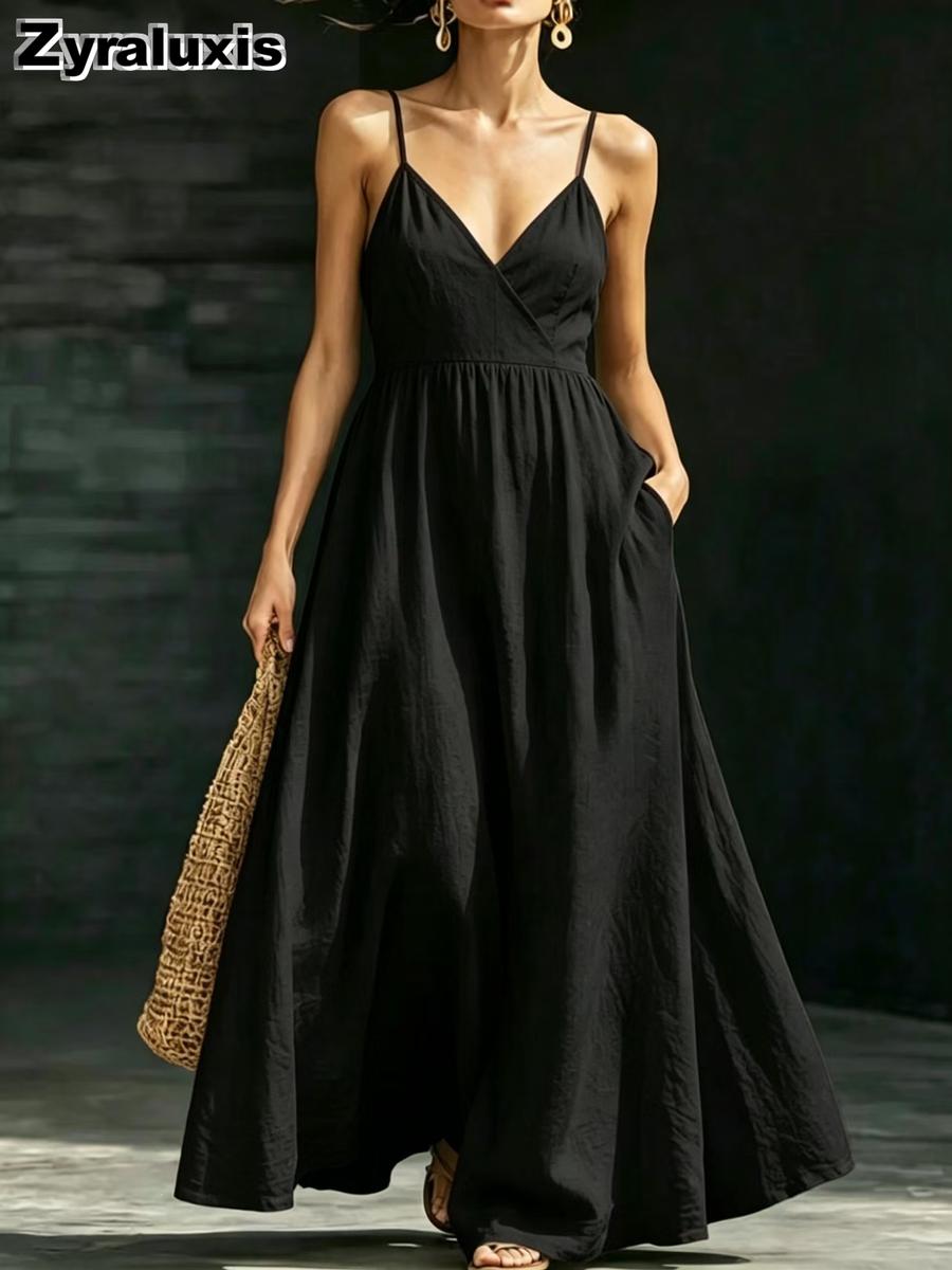 Women s Summer V-Neck Backless Strappy Pocket Elegant Long Sleeveless Dress S