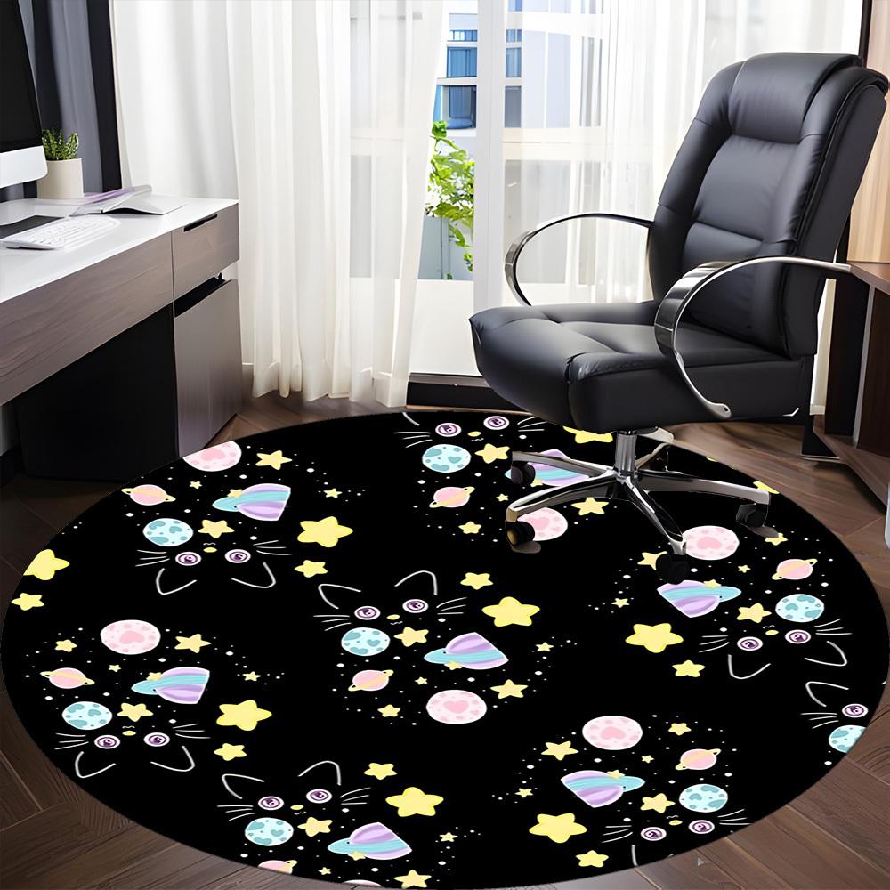 1pc Space Black Cats Office Round Area Rug, Indoor Mat Suitable For Office, Under Office Chairs Bedroom Living Room Home Decor, Room Deco