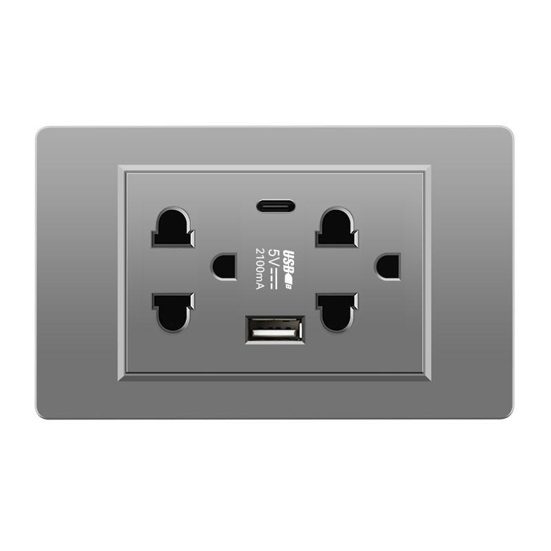 118 Type Switch Six-Hole Gray Wall Socket with Type-C 20W, Thai Style & PC Panel, Taiwan Socket