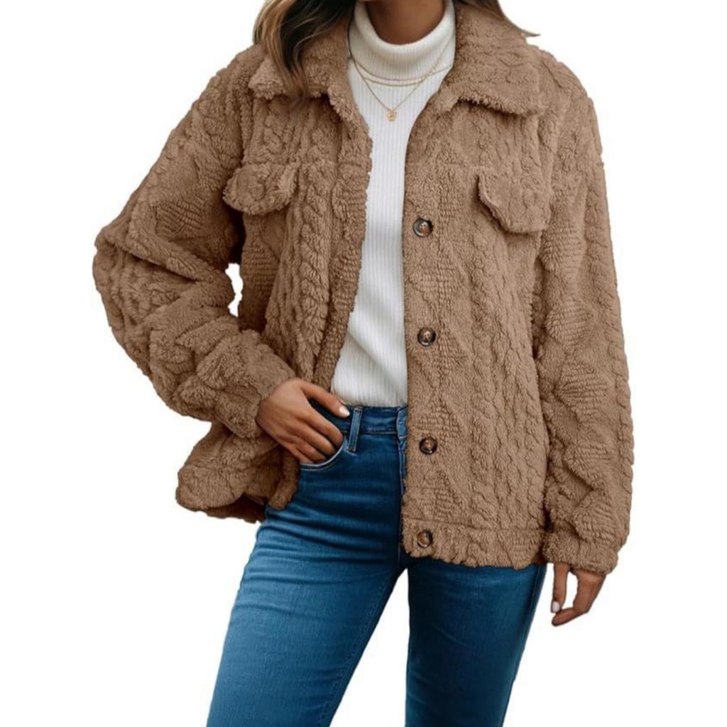 Fall Winter Women's Lapel Fleece Cardigan Long Sleeve Casual Warm Thick Coat For European American