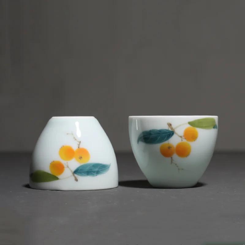 1 Pc Chinese Handmade Ceramic Teacup Master Hand-painted Loquat Porcelain Tea Bowl Travel Meditation Cup Tea Set Accessories