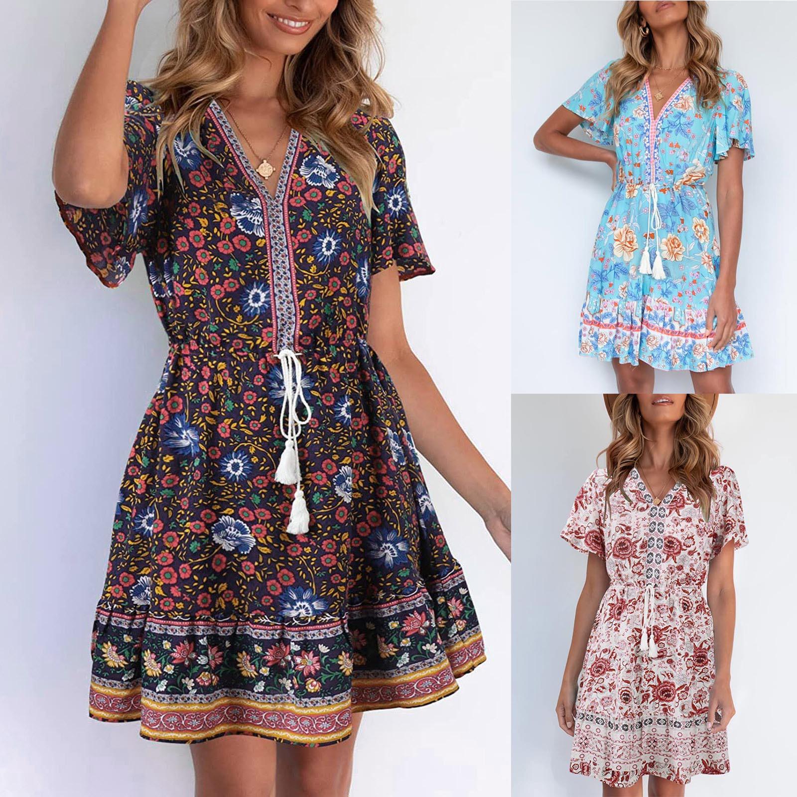 

Модное женское летнее повседневное мини-платье с v-образным вырезом и короткими рукавами с принтом