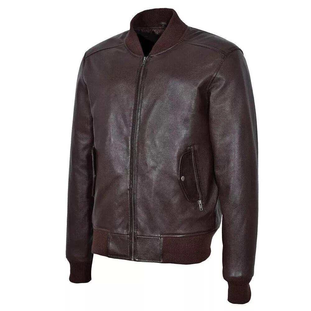 Handmade Stylish Casual Men's Bomber Jacket Real Lambskin Leather Brown Jacket