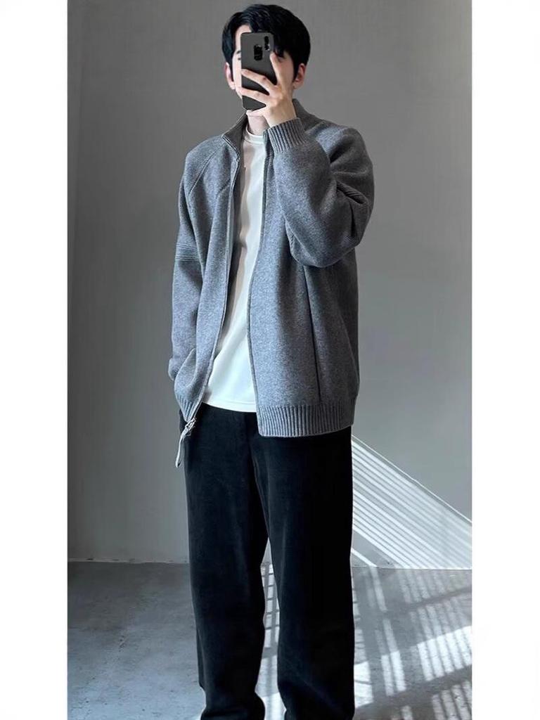 Men's Korean Style Double Zipper Stand Collar Knit Cardigan Jacket for Autumn and Winter Casual Wear