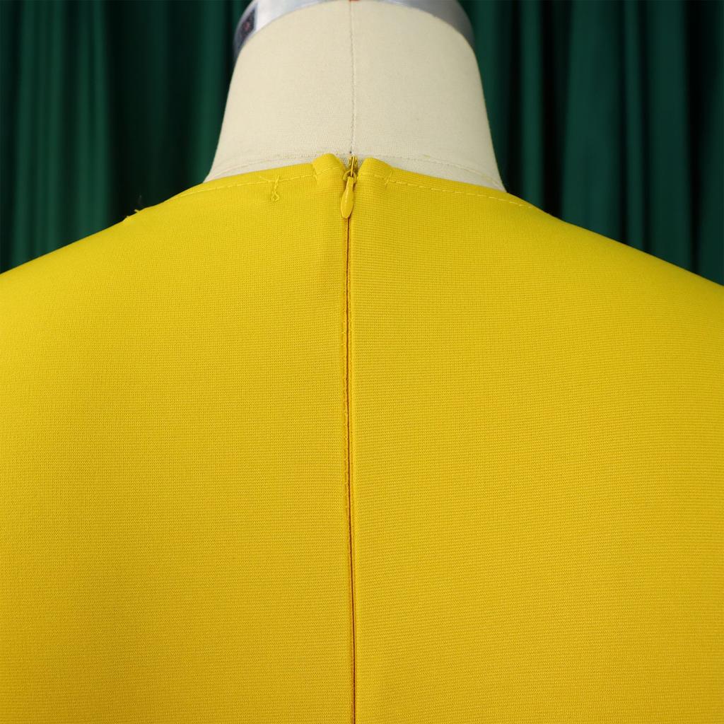 IHUASU Women's Spring Solid Color Round Neck Ruffled Edge Round Hip OL 3/4 Sleeves O-Neck High Waist Dress