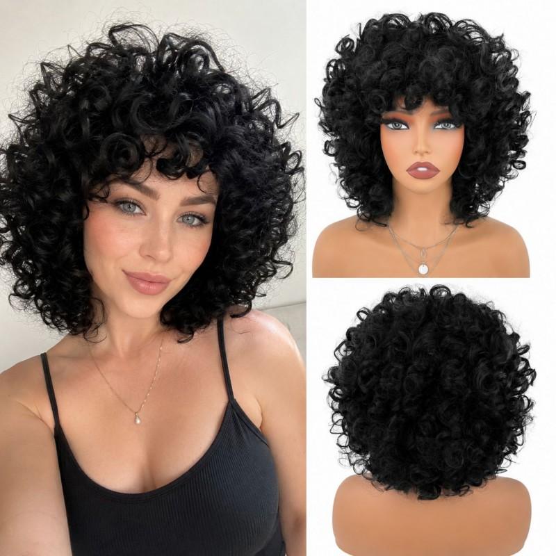 Womens Short Black Curly Wig African Fluffy Small Curls High-Temperature Fiber Synthetic
