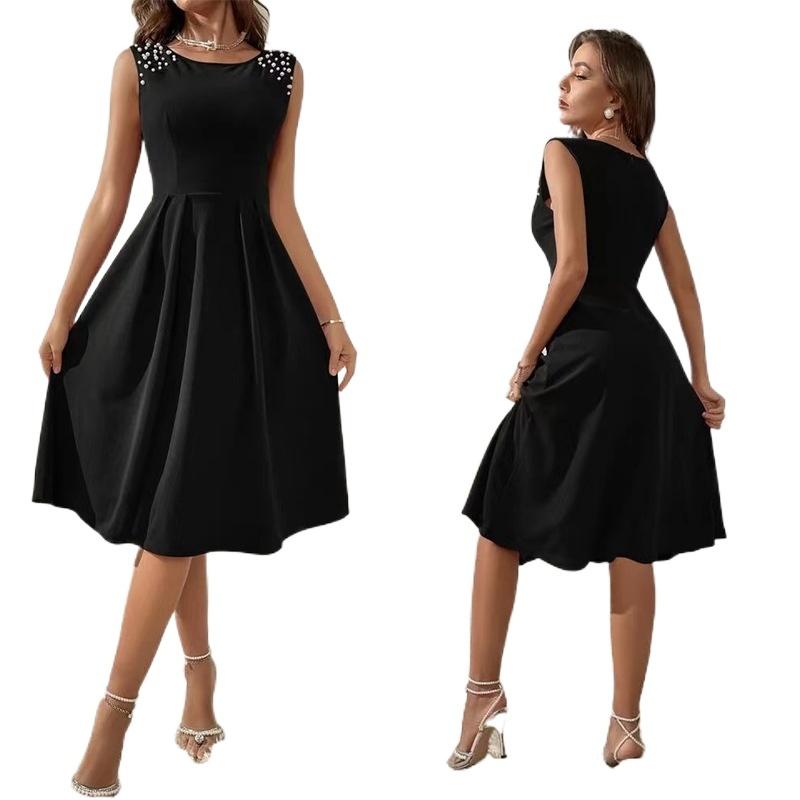 New Women's Slim Fit Round Neck Beaded Sleeveless Princess Dress S-XL