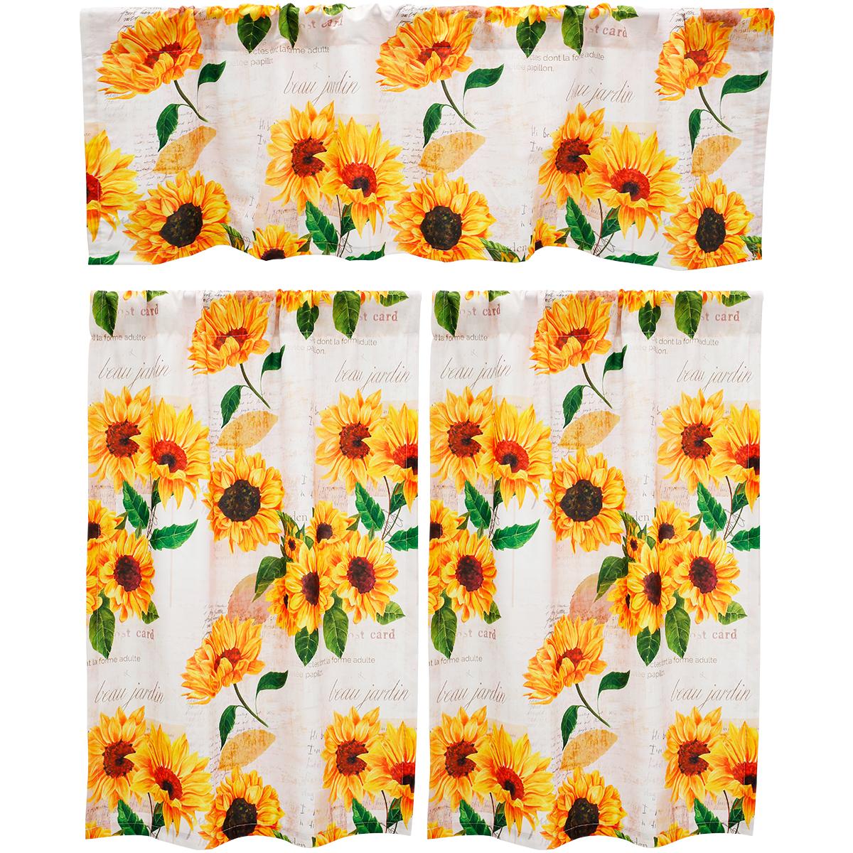 

3Pc Curtains With Valance and Washable Tier Sunflower Curtain Set with Light Filtering Polyester Curtains for Home Kitchen Decor
