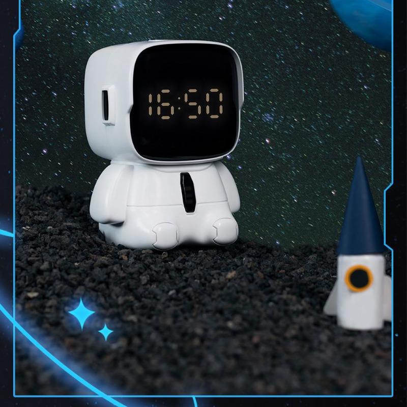 Cartoon Big Head Robot Digital Alarm Clock 12/24H Snooze Countdown Timer LED Adorable Emoji Display for Kids Desk Bedside Decor